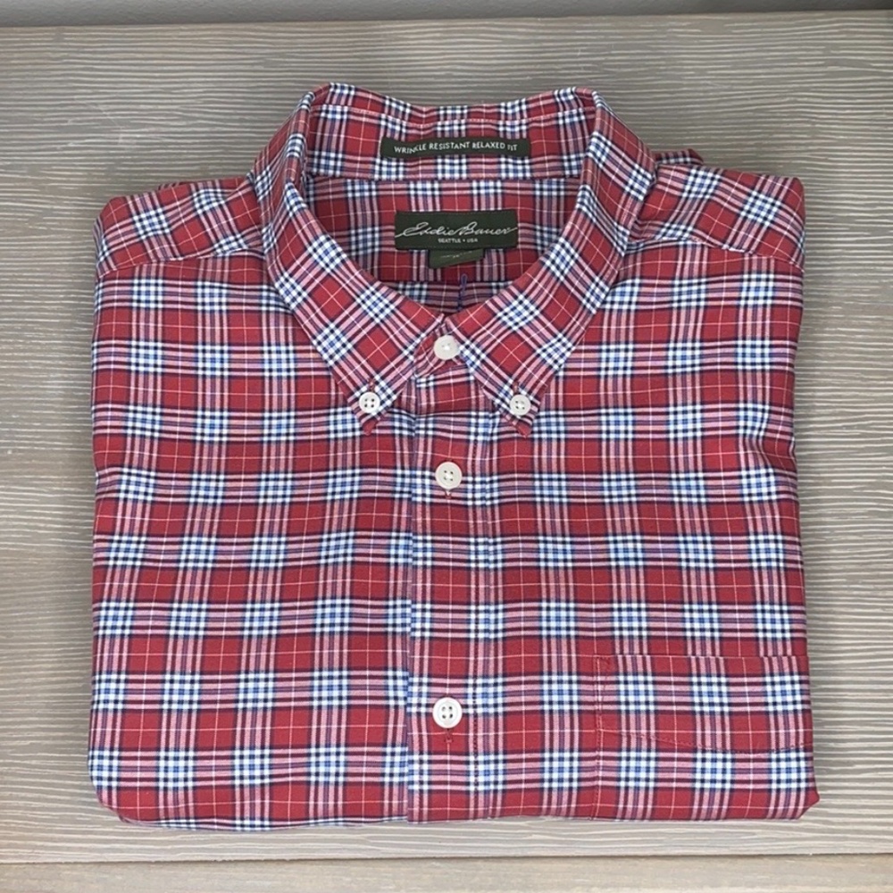 Eddie Bauer Red Plaid Cotton Button Down Shirt XL